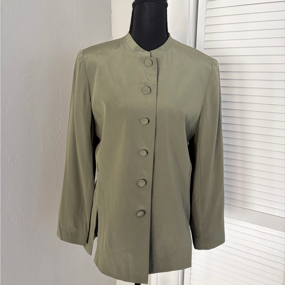 Olive Green Button-Up Silk Vintage Blazer